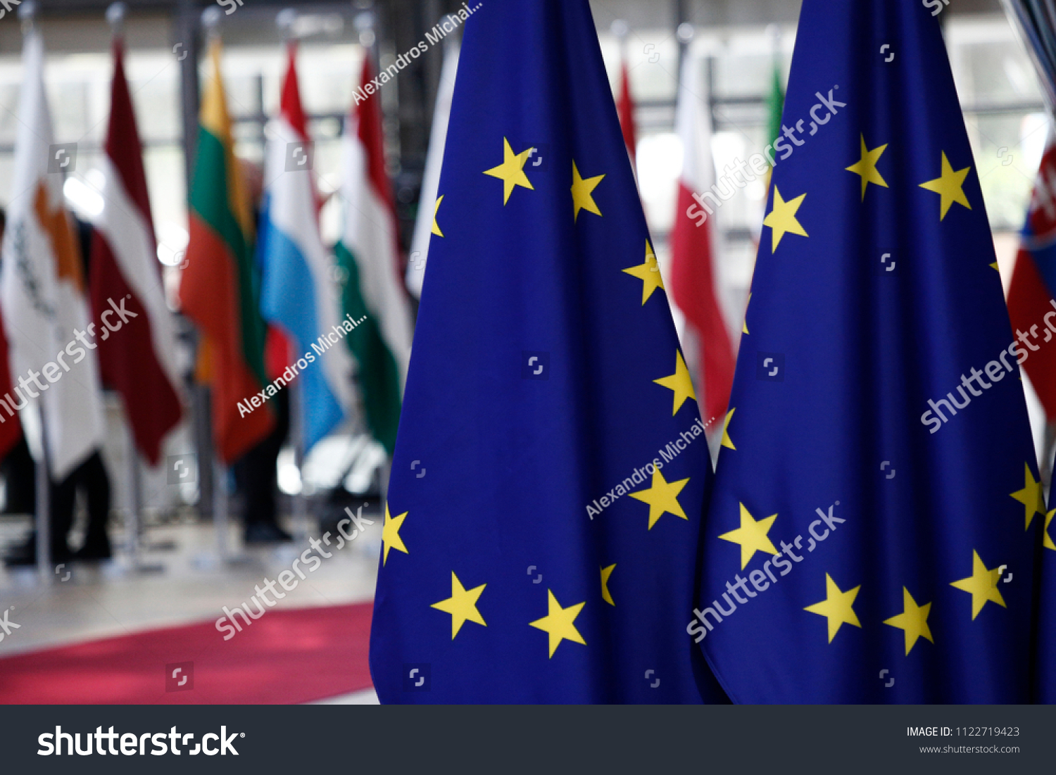 Brussels, Belgium Jun. 28, 2018. EU flags in EU Council building during the EU Summit. #1122719423