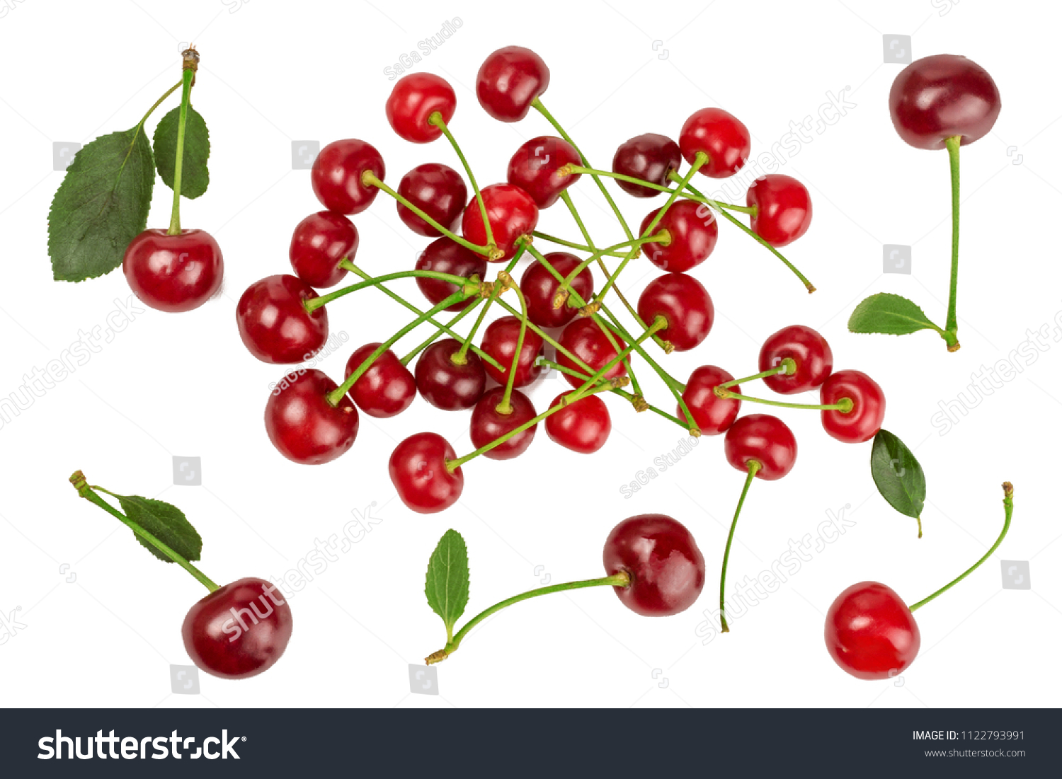 Cherries isolated on white background. Top view. #1122793991
