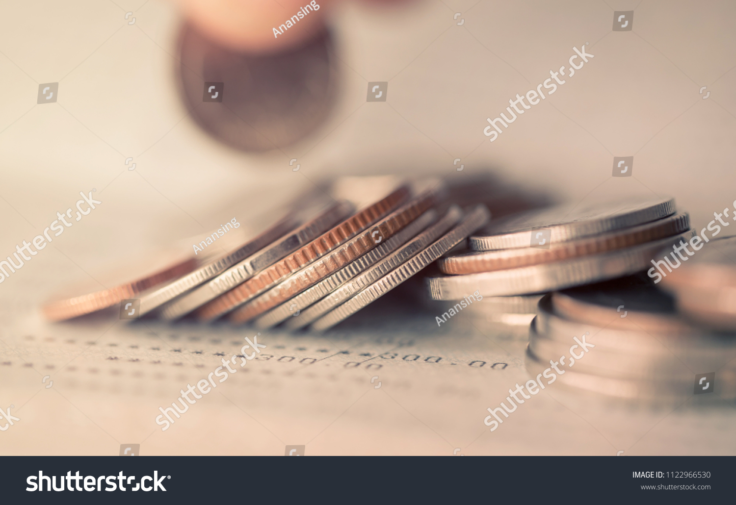 Double exposure of rows of coins in soft color for finance and business concept,Savings for tourism,Savings for investment,Savings for car purchases #1122966530