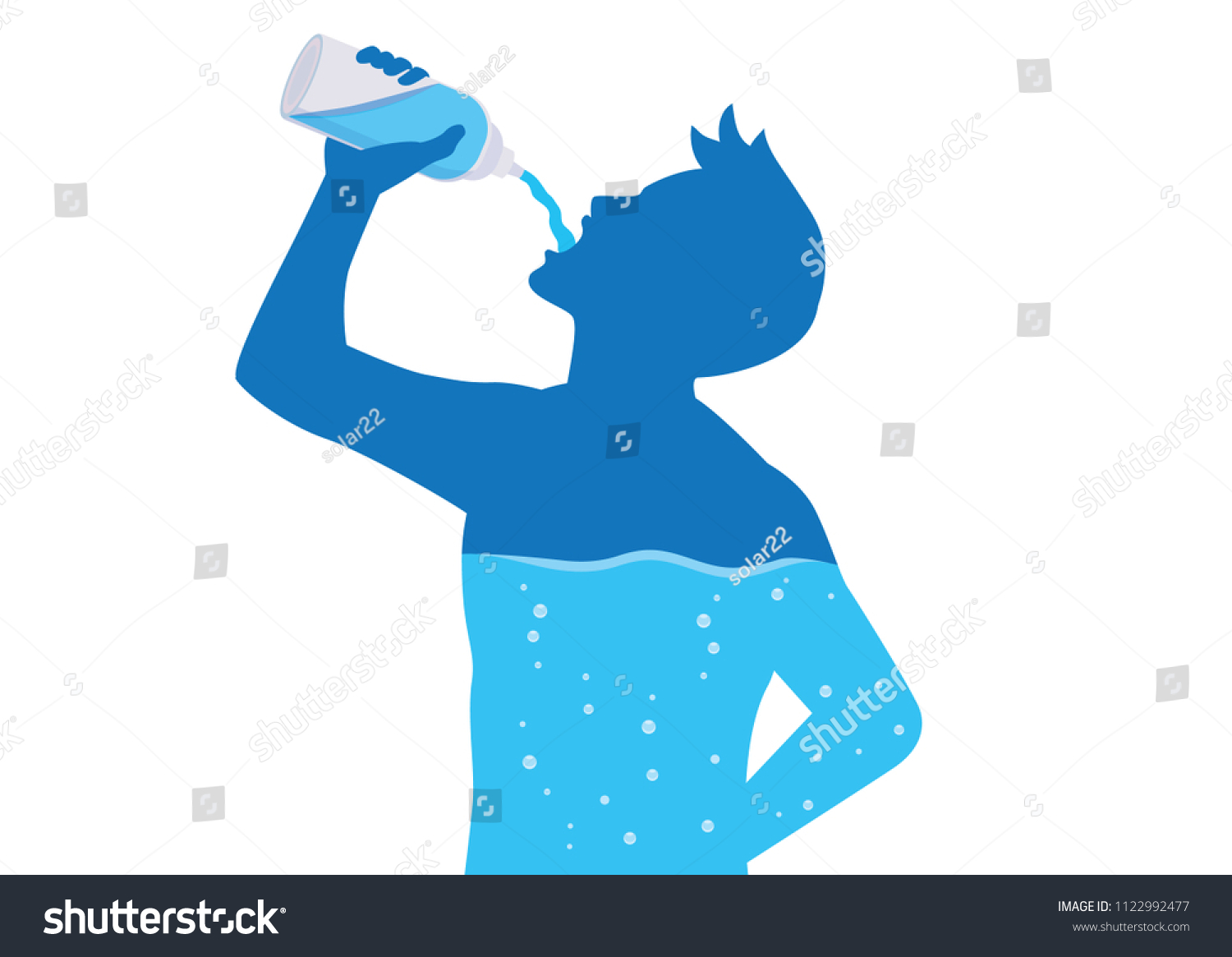 Silhouette of  man drinking water from bottle flow into body. Illustration about healthy lifestyle. #1122992477