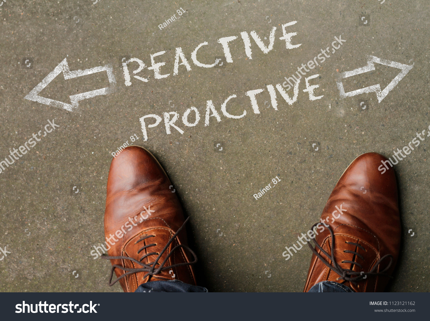 The words Reactive and Proactive written on the floor with arrows pointing in opposite directions #1123121162