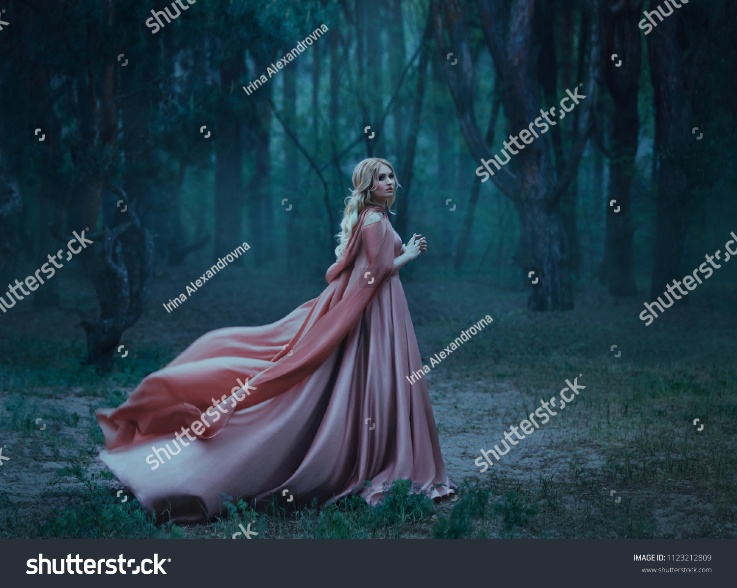 A mysterious blonde girl in a long pink dress with a train and a raincoat that flutters in the wind. The wizard leaves in a forest covered with fog. A background of trees with a haze away. Art photo #1123212809