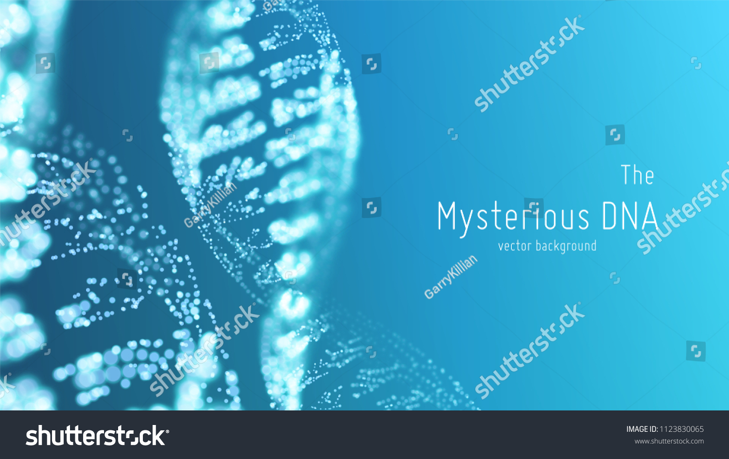 Vector abstract blue DNA double helix illustration with shallow depth of field. Mysterious source of life background. Genom futuristic image. Conceptual design of genetics information #1123830065