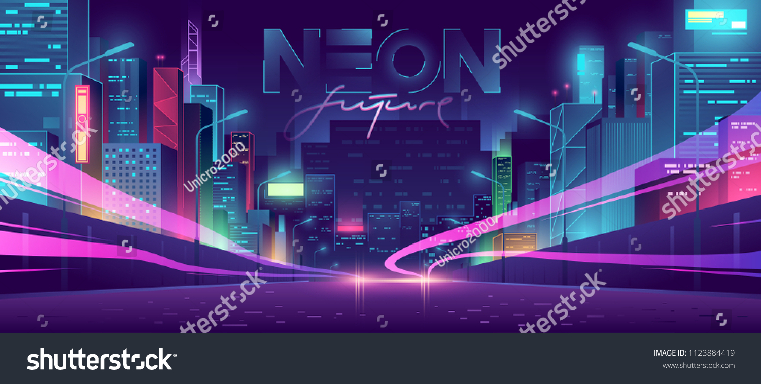 Futuristic night city. Cityscape on a dark background with bright and glowing neon purple and blue lights. Wide highway front view. Cyberpunk and retro wave style illustration. #1123884419