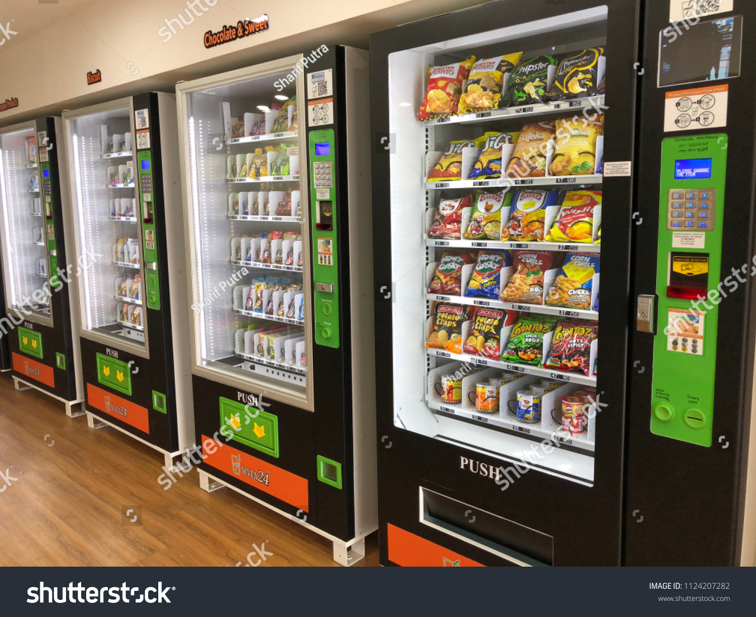 KOTA KINABALU,SABAH,MALAYSIA-July 1,2018: Seven 24  shop, First self-service convenience store in Malaysia. every item sold on a kiosk machine that can be purchased by cash money. #1124207282