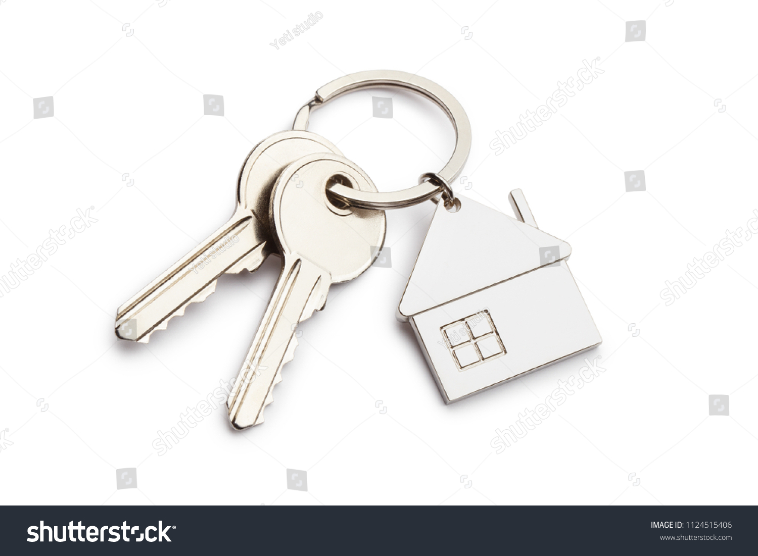 House keys with house shaped keychain, isolated on white background #1124515406