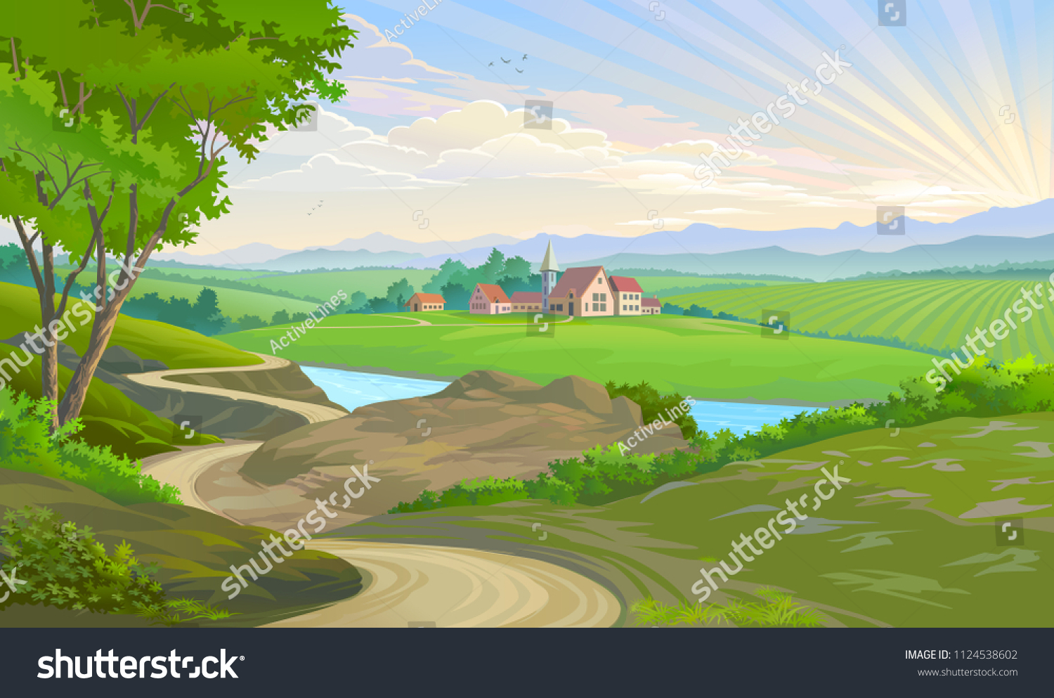 A town in the middle of vast green fields #1124538602