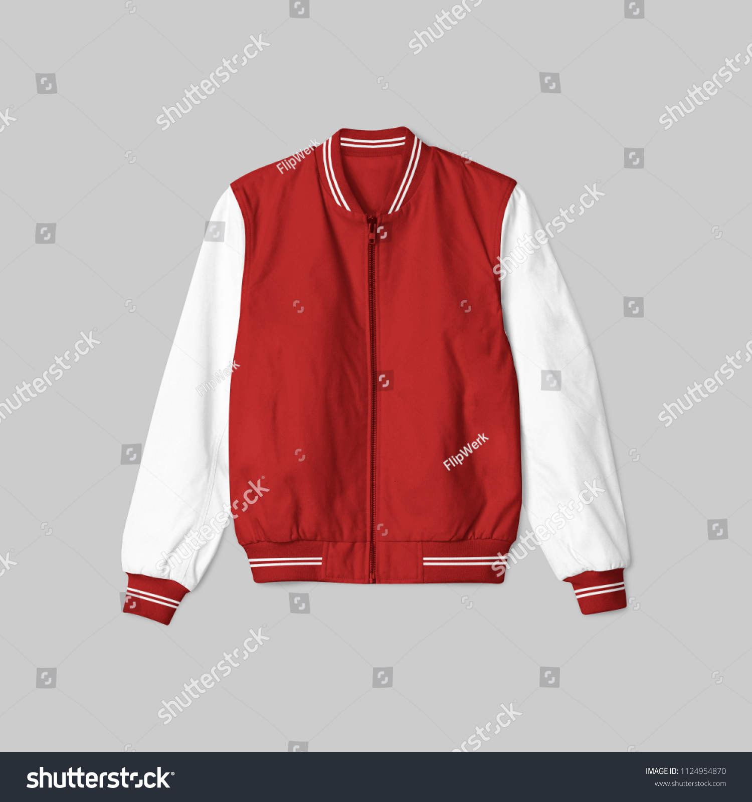blank jacket satin baseball red and white color on grey background for mockup template isolated. in front view #1124954870