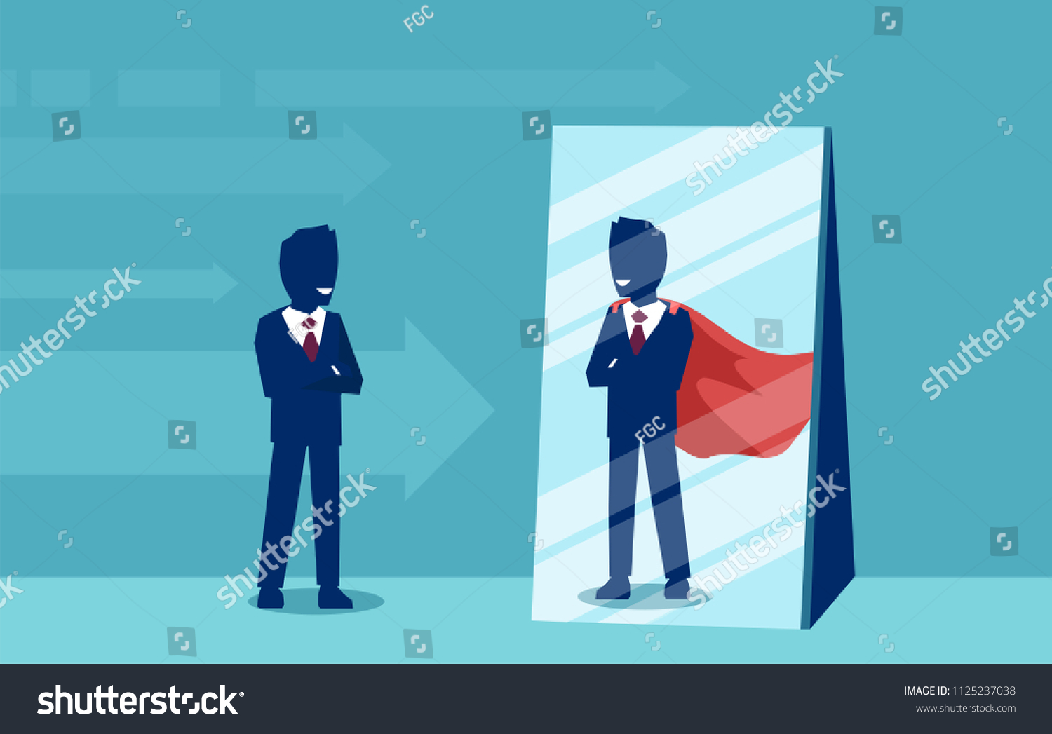 Vector of a motivated business man facing himself as a super hero in the mirror. Self confidence concept #1125237038