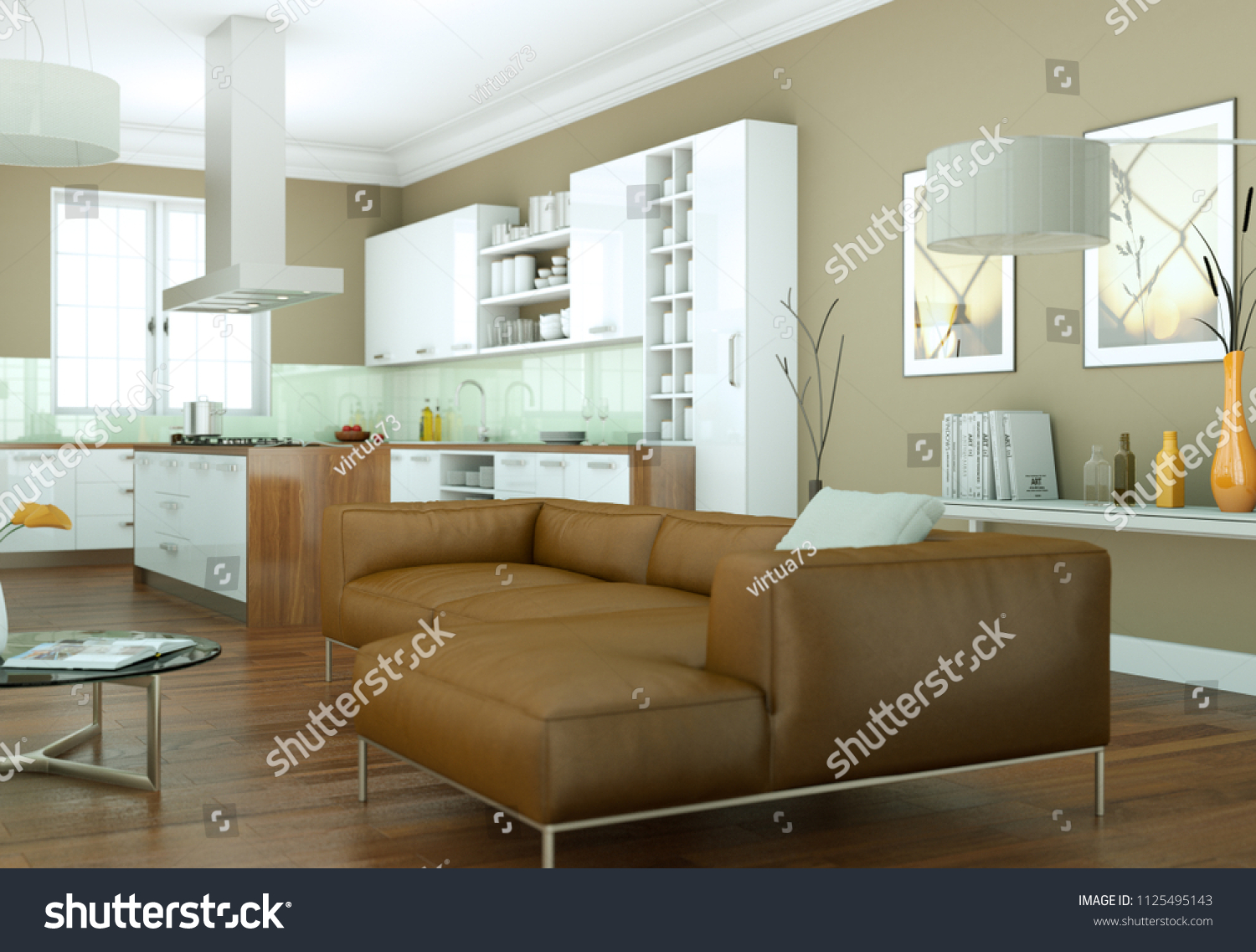 modern bright interior design appartment 3d Illustration #1125495143