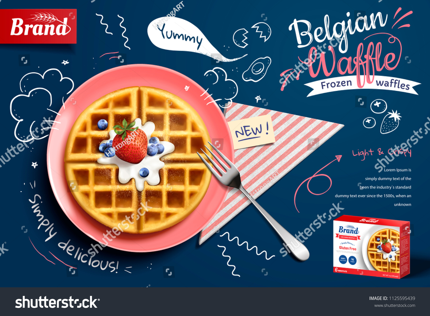 Belgian waffle ads with delicious fruit and cream in 3d illustration on blue doodle background, top view #1125595439