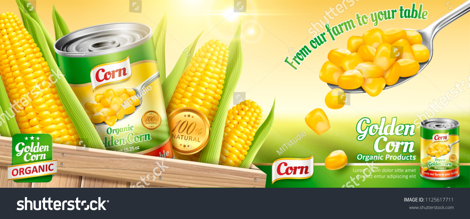 Organic canned corn ads with a spoon of maize kernels and tin can on bokeh field background in 3d illustration #1125617711