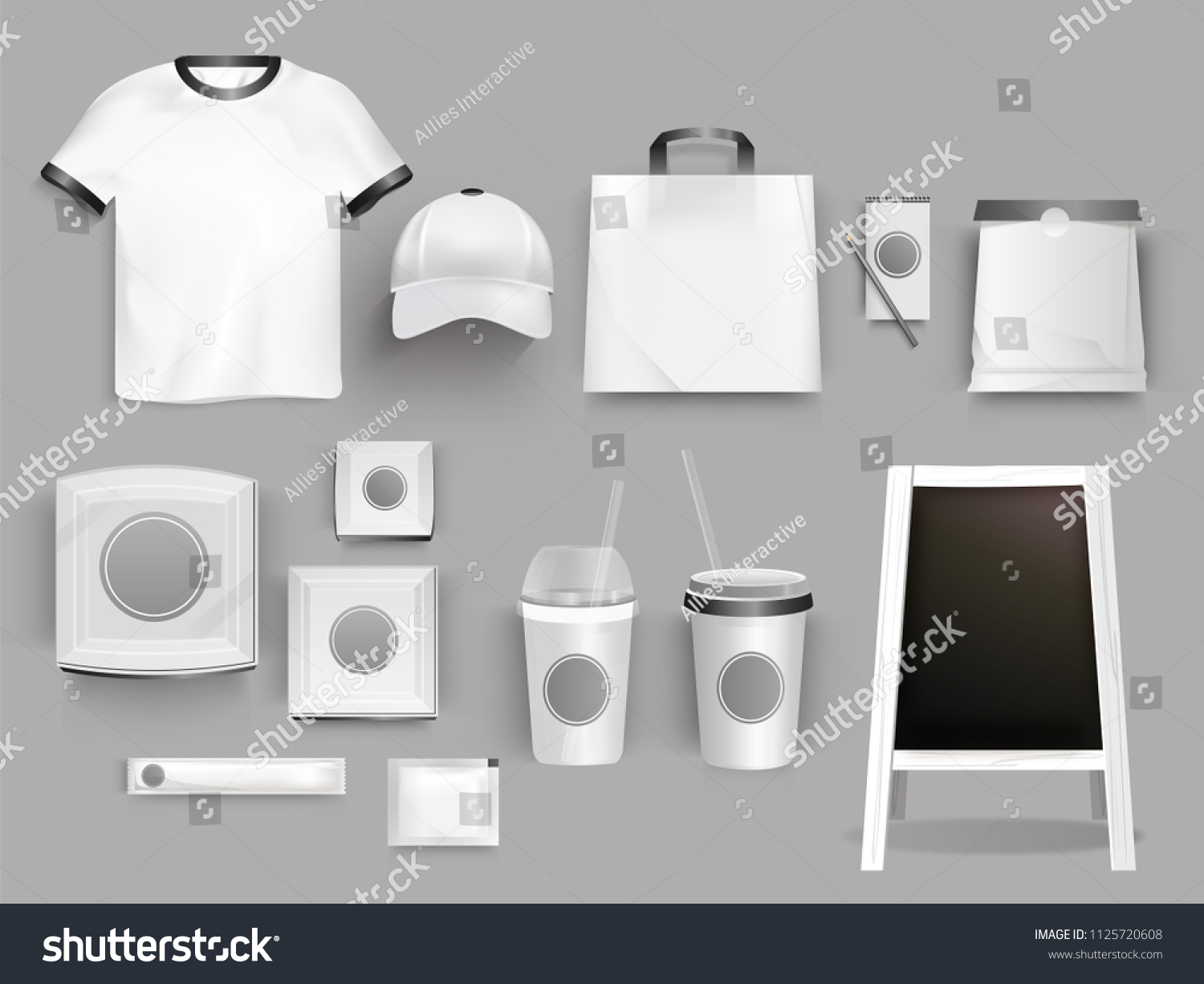 Creative collection of corporate identity template with illustration of t-shirt, bag, paper cup and cap for branding or business promotional concept. #1125720608