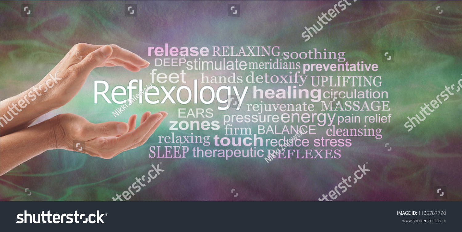 Reflexology Descriptive Word Tag Cloud Banner - female cupped hands with the word REFLEXOLOGY floating between surrounded by a relevant word tag cloud on a rustic multi coloured background
 #1125787790