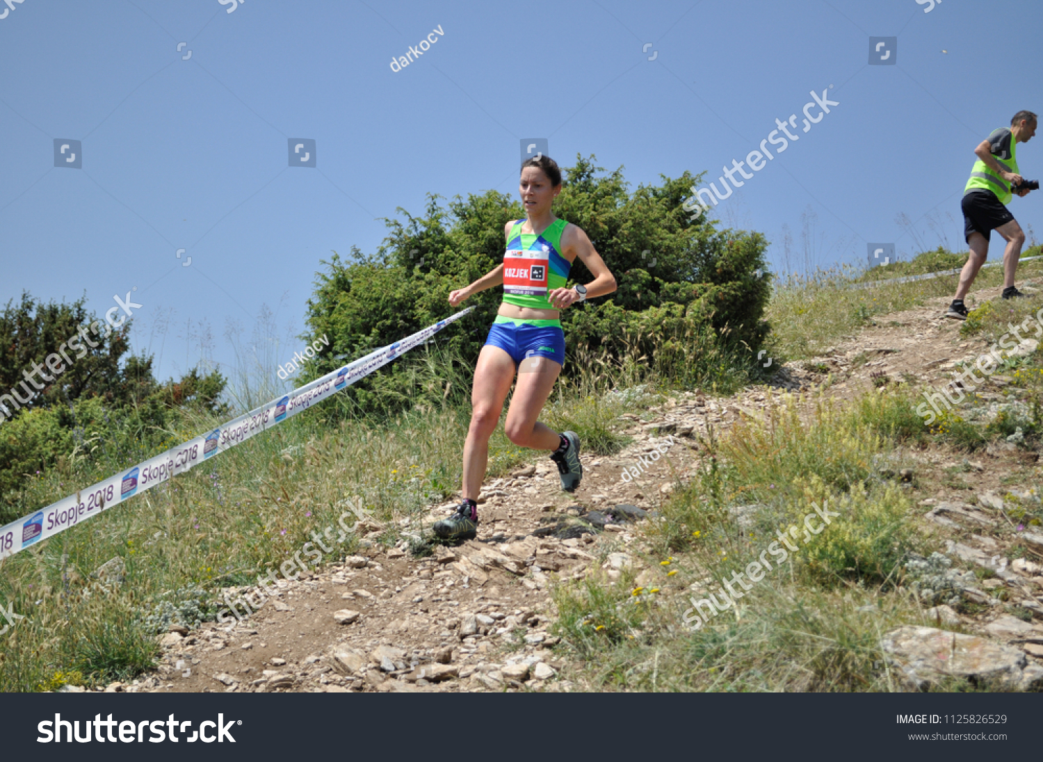 Skopje, Macedonia, July 01 2018. 17th European Mountain Running Championships - Skopje 2018. Competitors run along the tracks of Mount Vodno. (category senior women) #1125826529