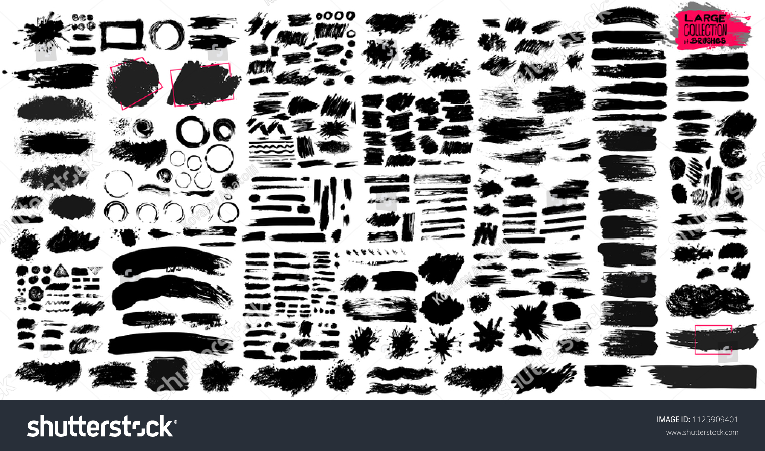 Big Set of black paint, ink brush strokes, brushes, lines, grungy. Dirty artistic design elements, boxes, frames. Vector illustration. Isolated on white background. Freehand drawing #1125909401