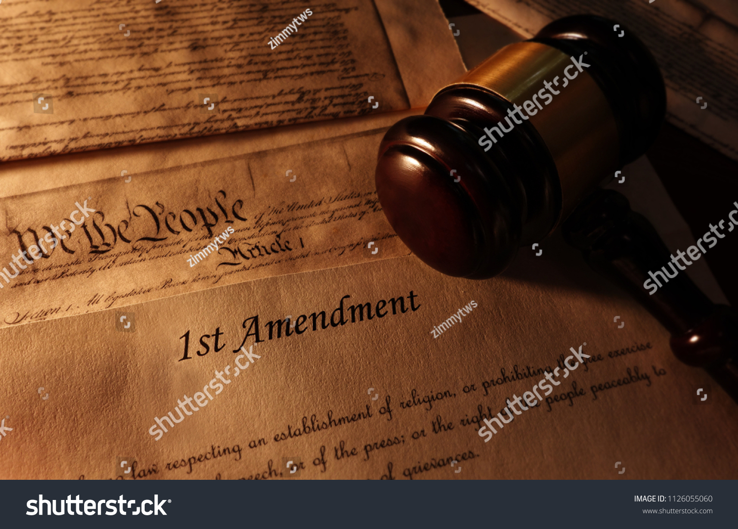 First Amendment and US Constitution text with legal gavel                                #1126055060