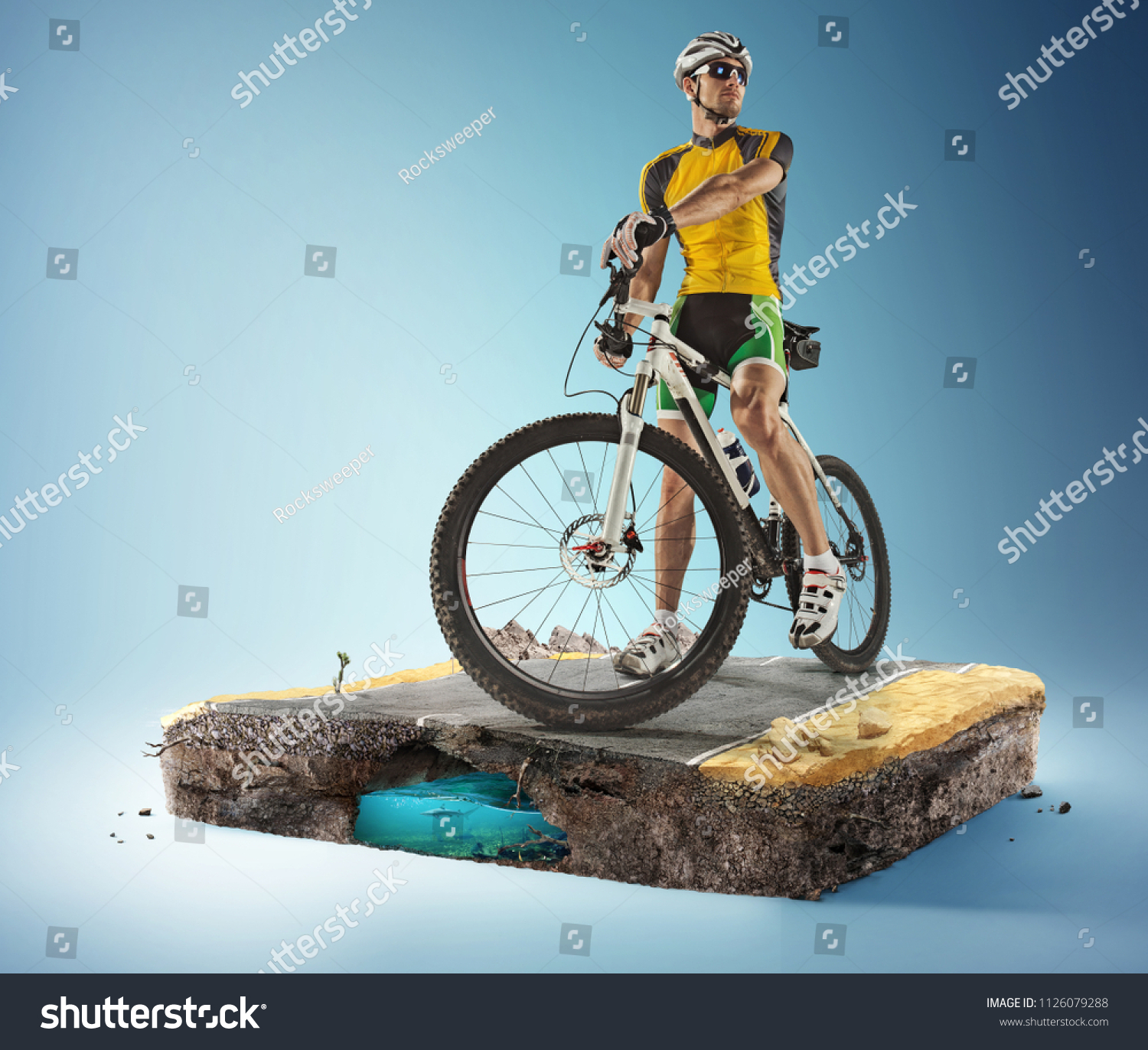 Travel and sports background. 3d illustration with cut of the ground and the desert road.  #1126079288