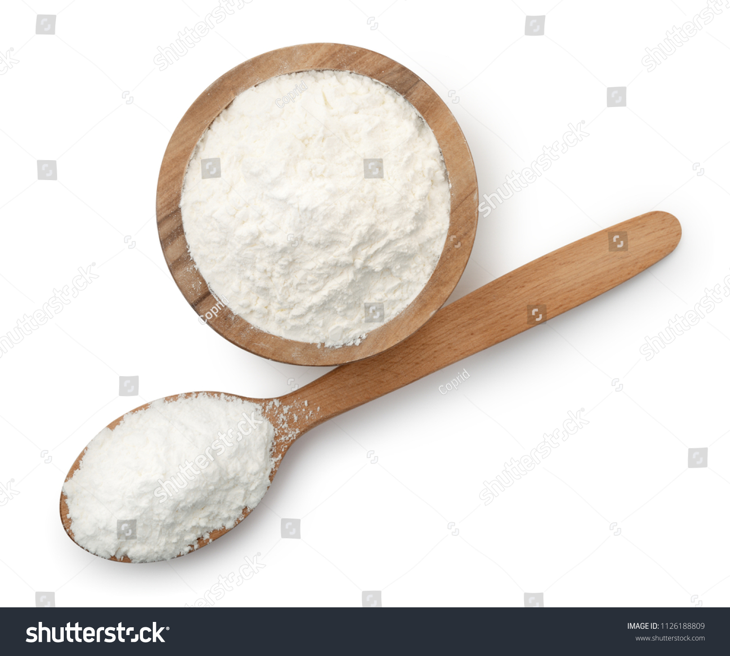 Top view of wooden spoon and bowl full of corn starch isolated on white #1126188809