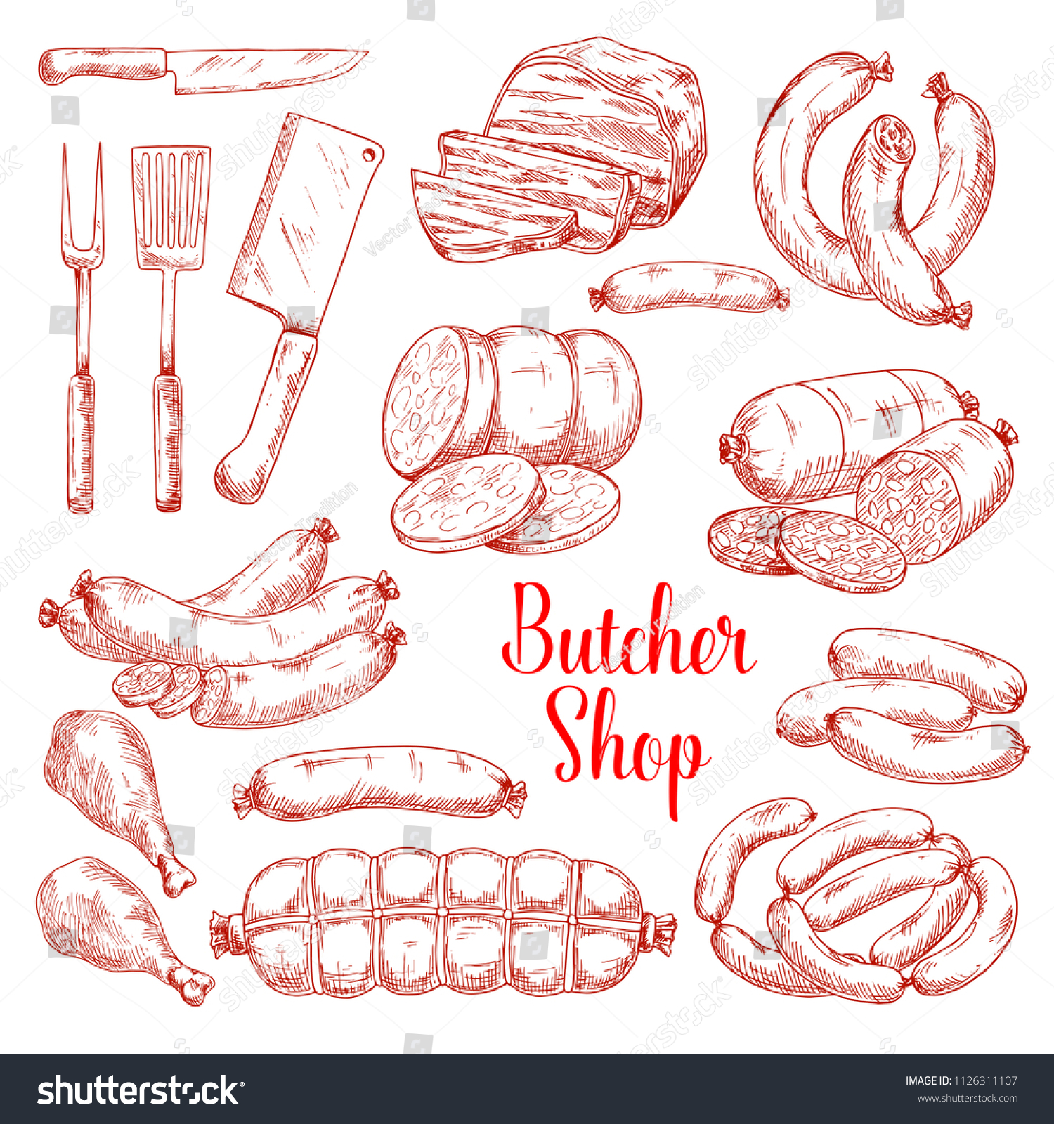 Butcher shop meat products vector isolated sketch icons. Butchery gourmet delicatessen and gastronomy brats and frankfurter sausages. ham or hamon and bacon brisket, wiener and frankfurter salami #1126311107