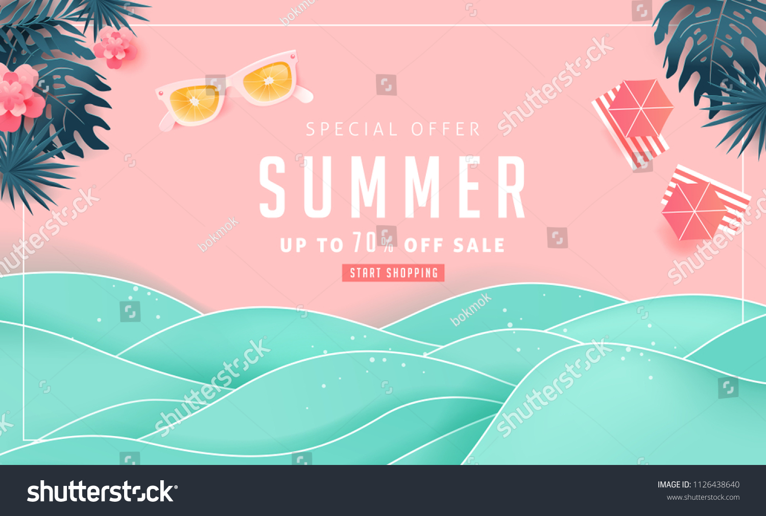 Summer sale design with paper cut tropical beach bright Color background layout banners .Orange sunglasses concept.voucher discount.Vector illustration template. #1126438640
