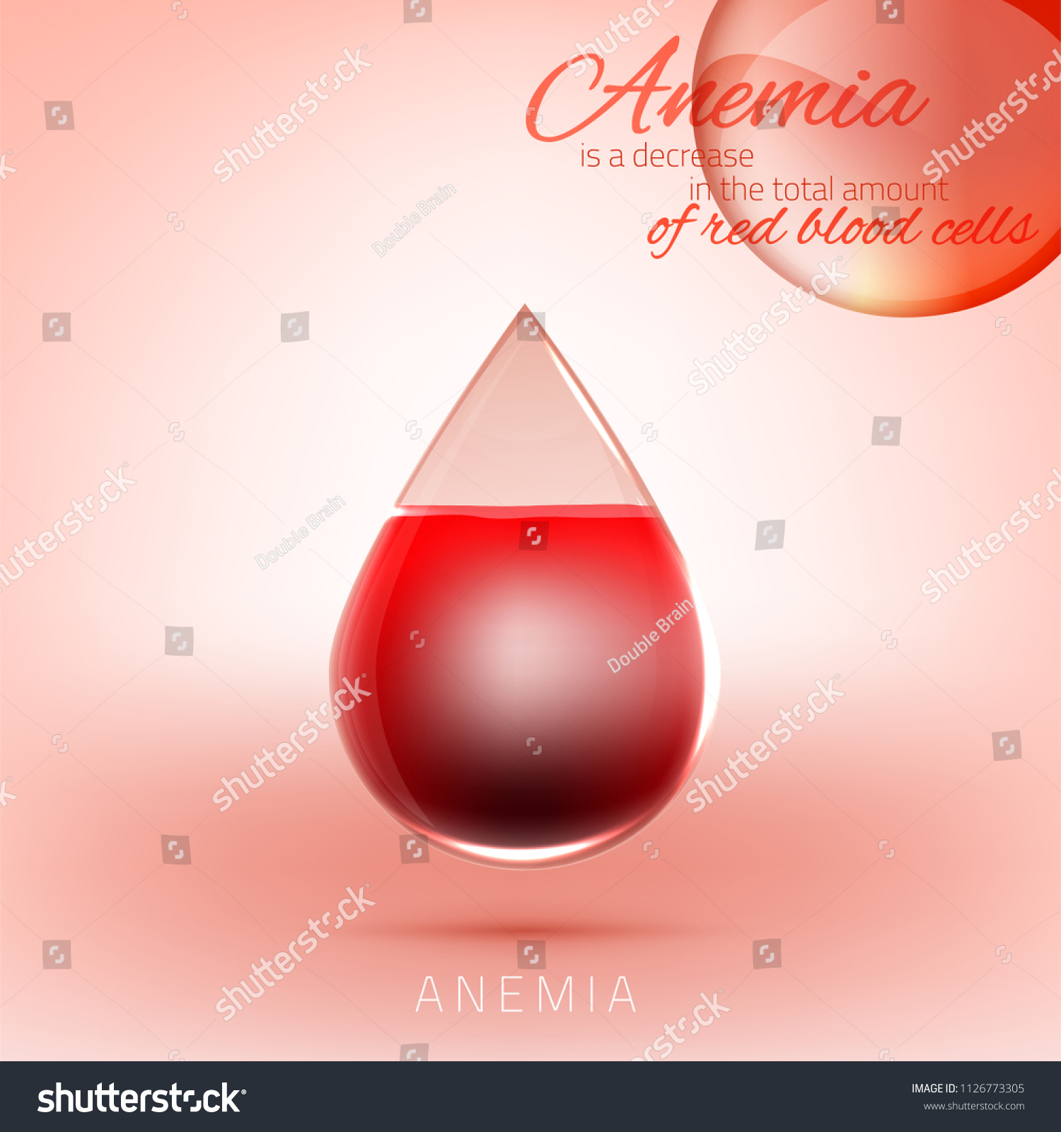 Anemia and Hemophilia concept. Transparent drop of blood with red cells level isolated on light pink background. Haemophilia disease awareness symbol. Vector illustration. #1126773305