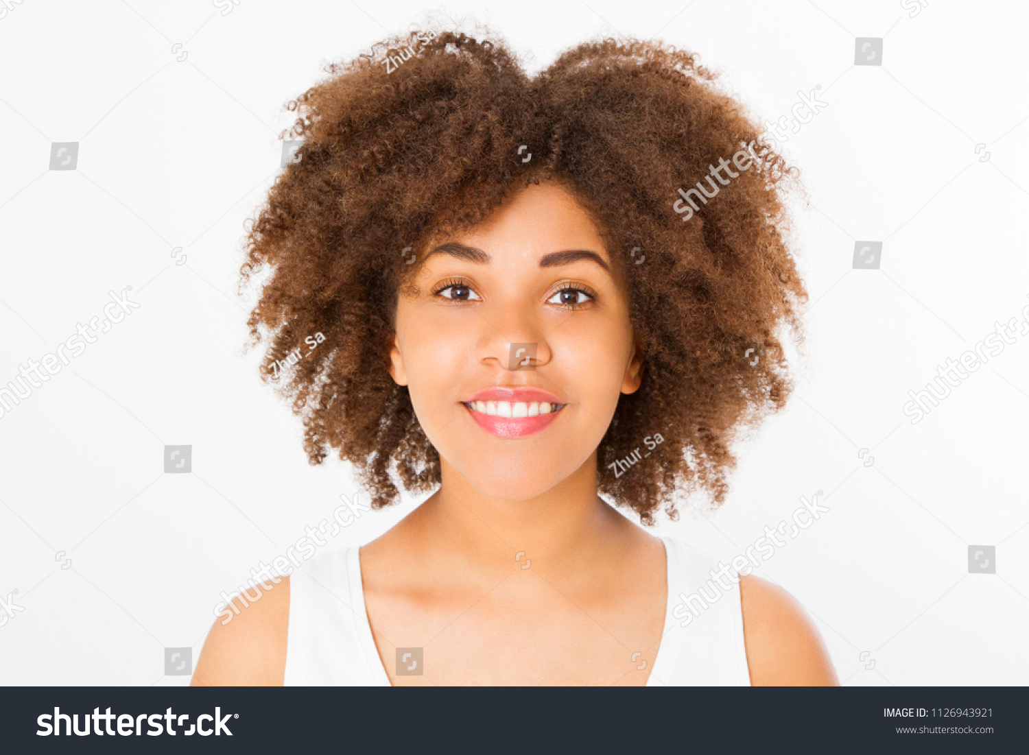 Portrait of young afro american woman isolated on white background. Template shirt and summer concept. Copy space. Mock up. Nature beauty girl. Teenager Make up #1126943921