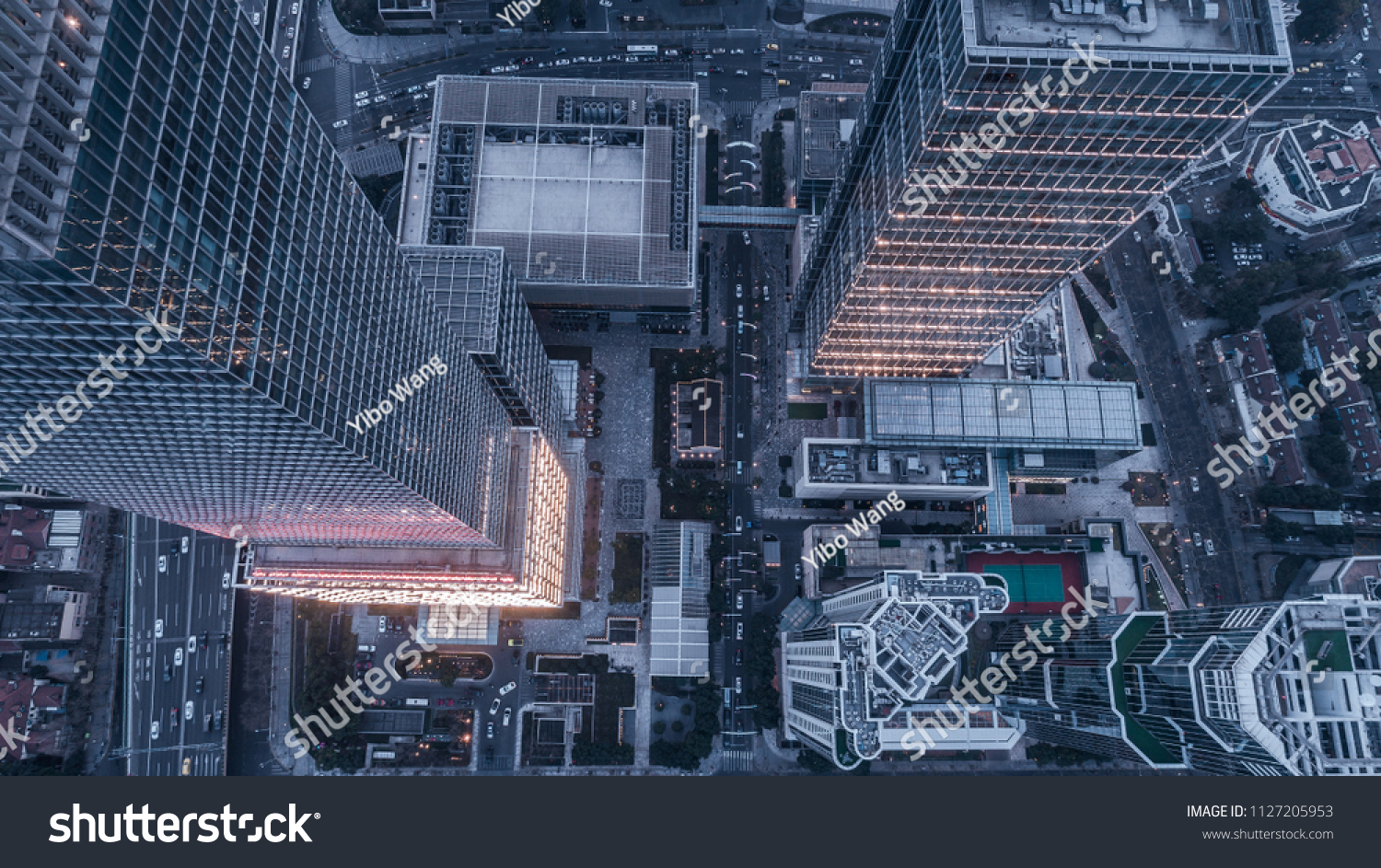 aerial view of business area in Nangjing Rd, Shanghai, China, at dusk #1127205953