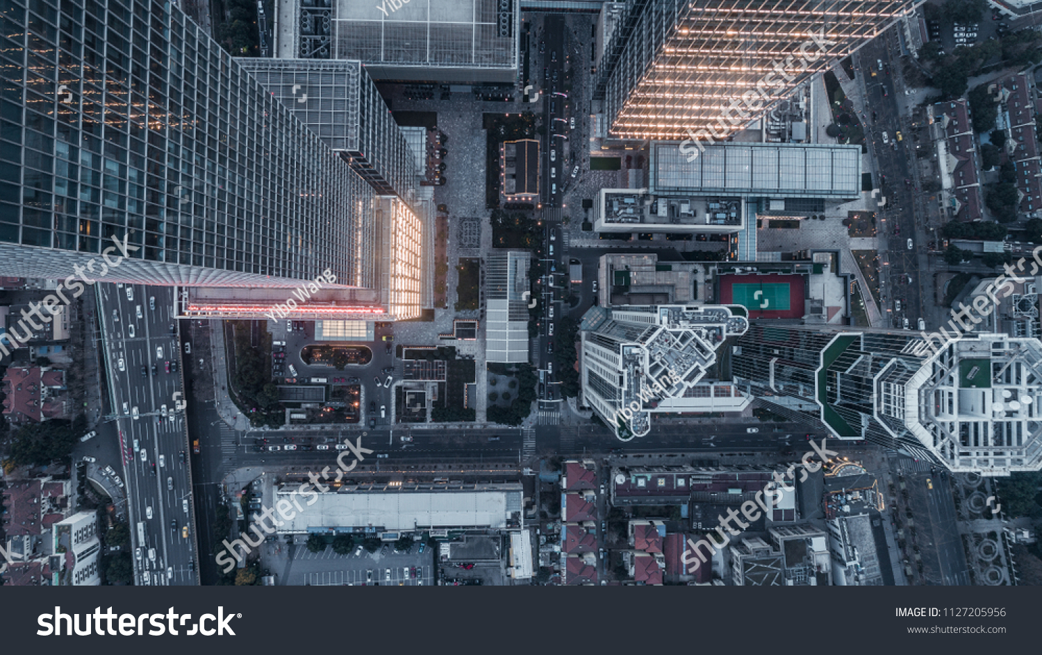 aerial view of business area in Nangjing Rd, Shanghai, China, at dusk #1127205956