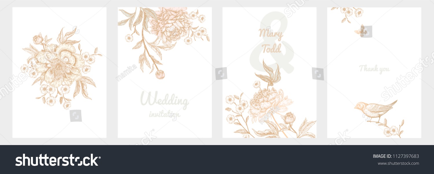 Templates of wedding invitations set. Decoration with birds and garden flowers by peonies. Floral vector illustration. Vintage engraving. Oriental style. Cards with gold foil print. #1127397683