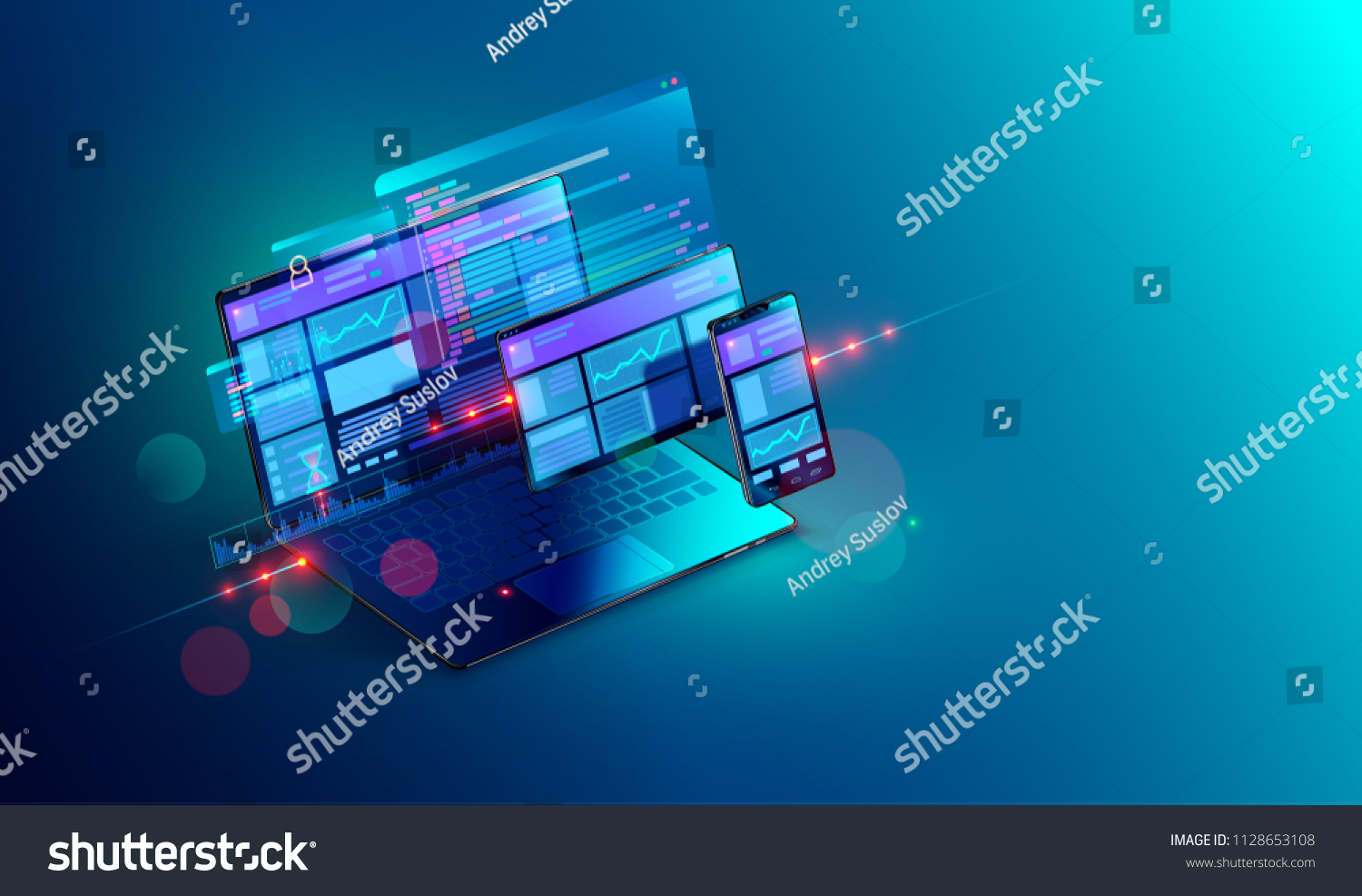 Web development and coding. Cross platform development website. Adaptive layout internet page or web interface on screen laptop, tablet and phone. Isometric concept illustration. #1128653108