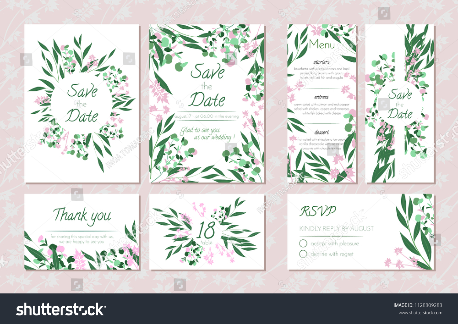Wedding Card Templates Set with Eucalyptus. Decorative Frames with Leaves, Floral and Herbs Garland. Menu, Rsvp, Label, Invitation with Nature Wreath. Vector Hand Drawn Wedding Cards Isolated on White #1128809288