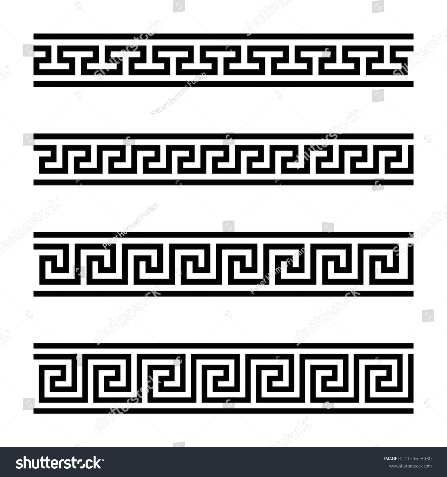 Four seamless meander designs. Meandros, a decorative border, constructed from continuous lines, shaped into a repeated motif. Greek fret or Greek key. Black and white illustration over white. Vector. #1129628930