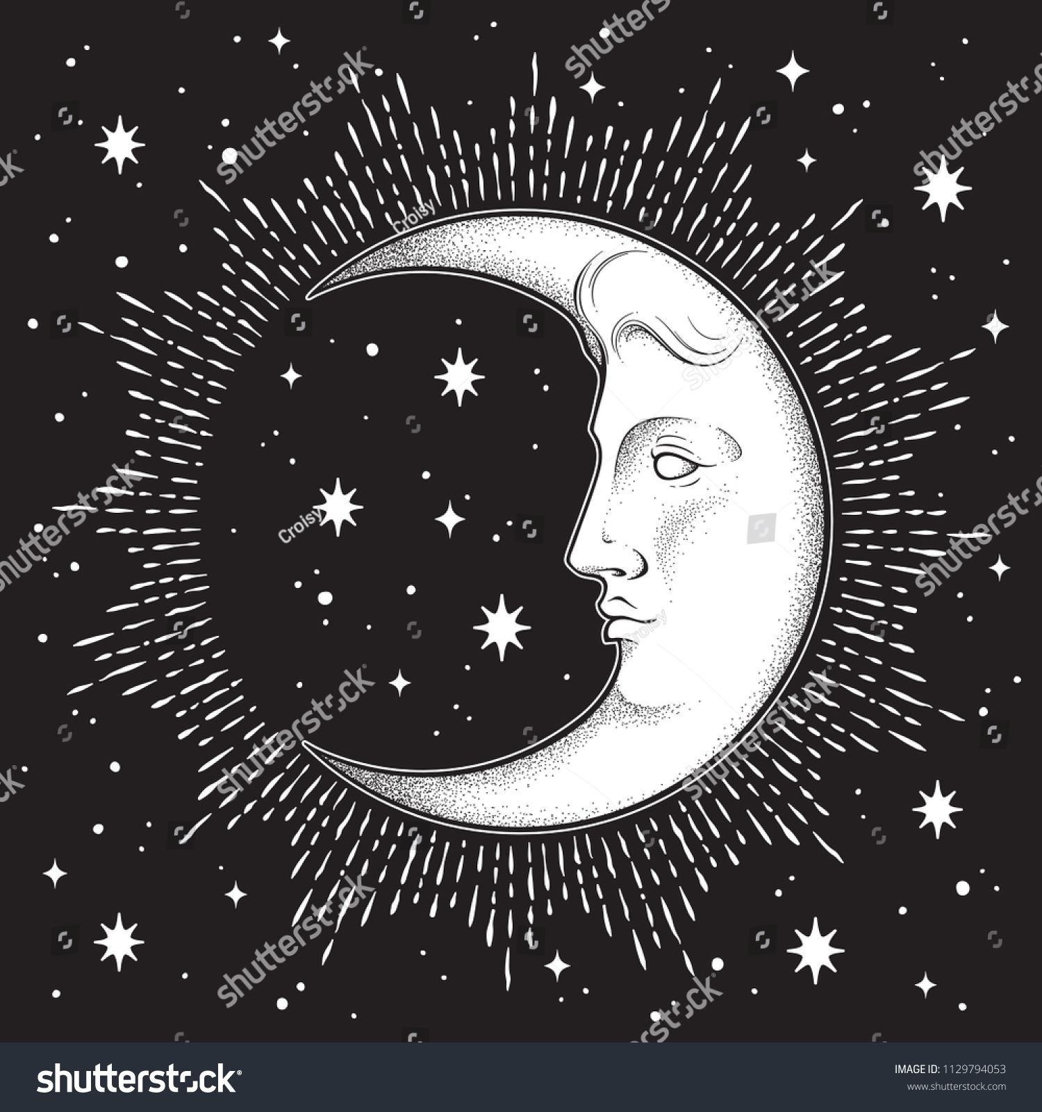 Crescent moon and stars in antique style hand - Royalty Free Stock ...