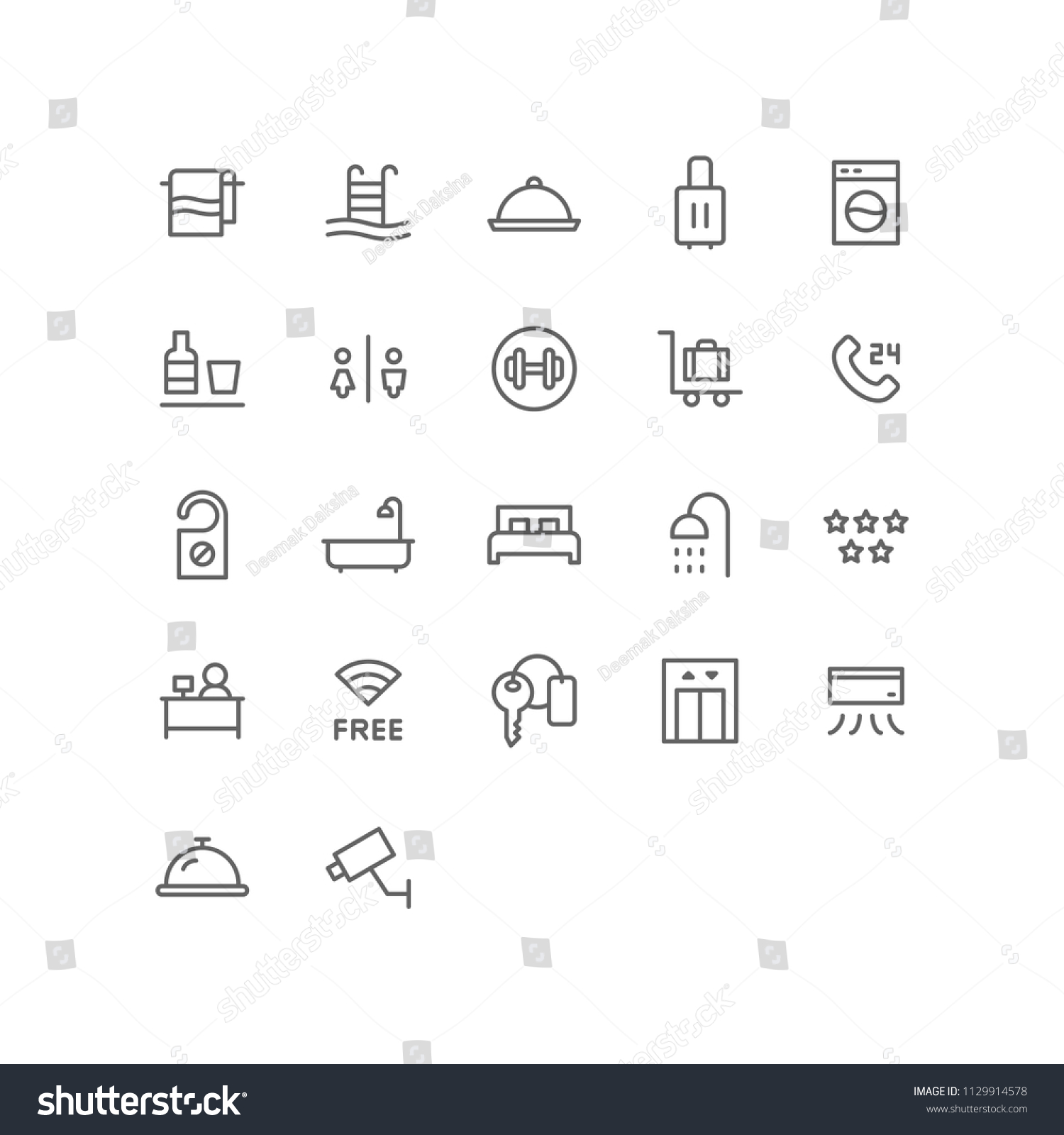 Hotel Icon Design Vector Symbol Set including towel, swimming pool, platter, suitcase, laundry, minibar, restroom, fitness, receptionist, room, bed, bathtub, key, wifi, lift #1129914578