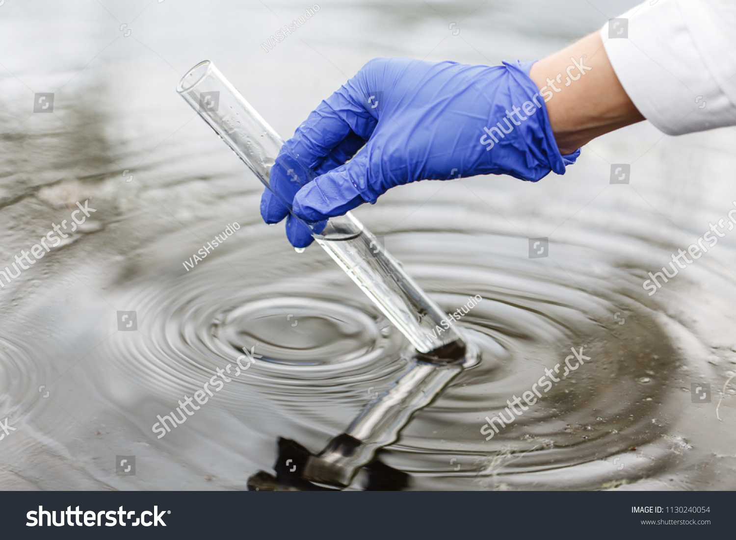 Researcher holds a test tube with water in a hand in blue glove #1130240054