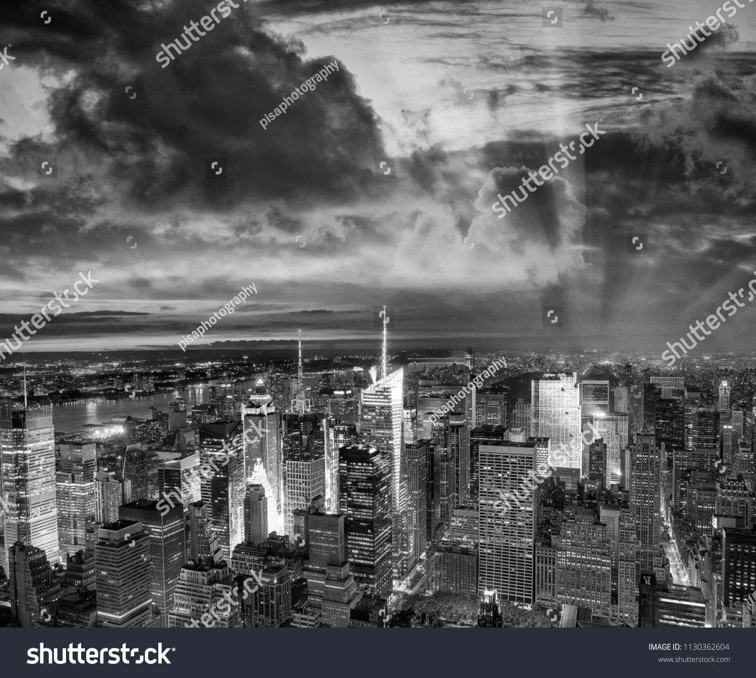 Night aerial view of Midtown skyscrapers. #1130362604