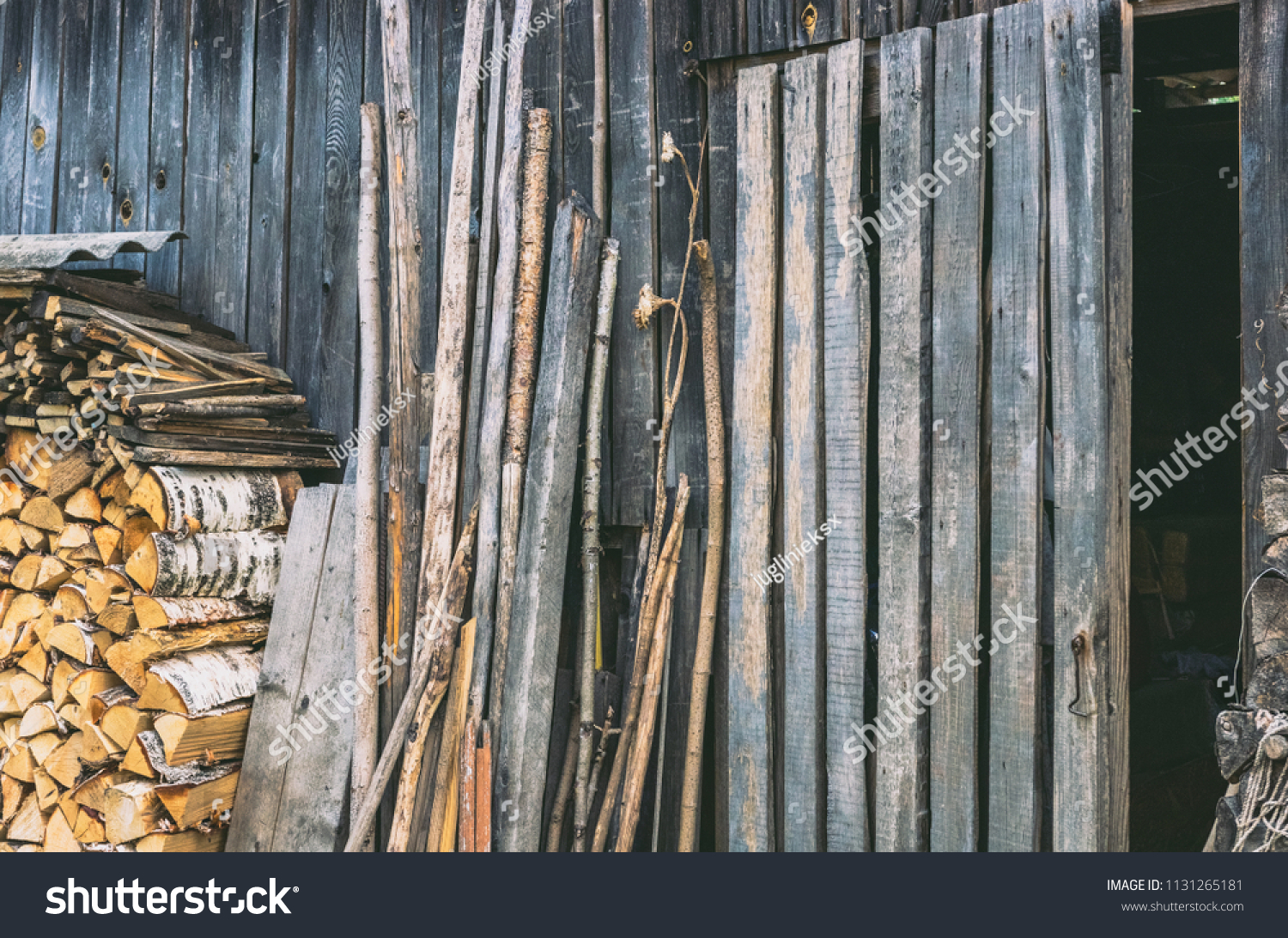 A wall of an old wooden shed. Birch firewood, boards and trees stacked next to him. Doors open. Vintage. #1131265181