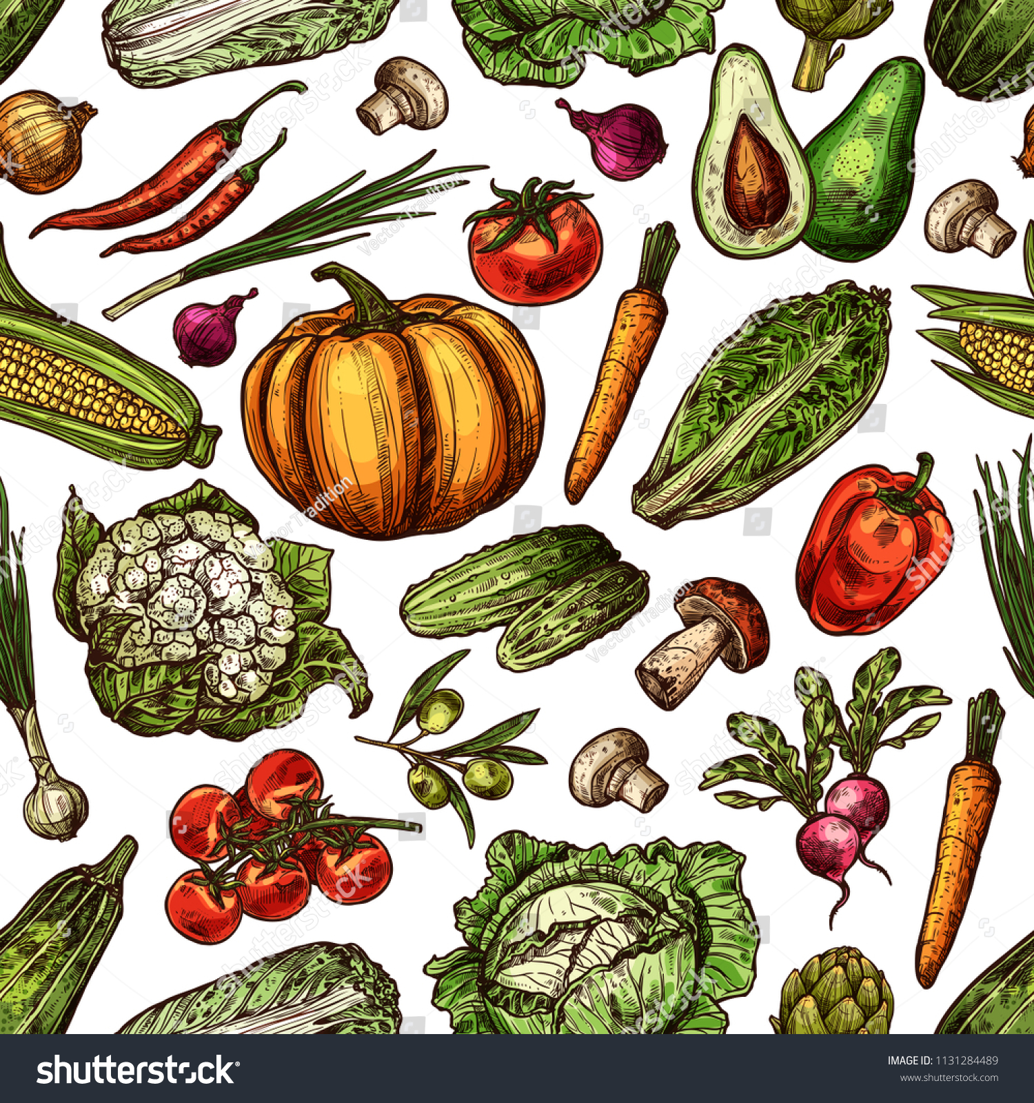Natural fresh vegetables sketch seamless pattern background of fresh organic farm cucumber or tomato and pumpkin or cabbage. Vector harvest of corn, carrot, mushroom, onion and pepper or potato #1131284489