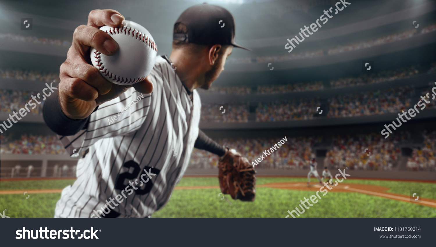 Baseball player throws the ball on professional baseball stadium #1131760214