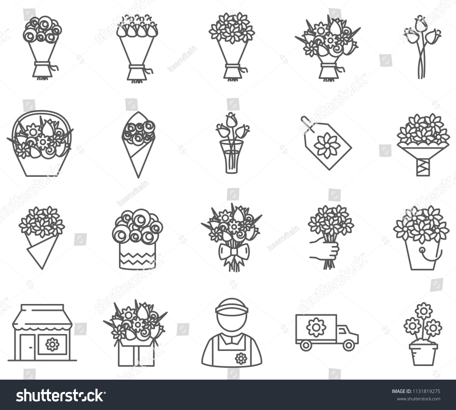 Set of bouquet Related Vector Line Icons. Includes such Icons as flowers, roses, delivery, present and more. #1131819275
