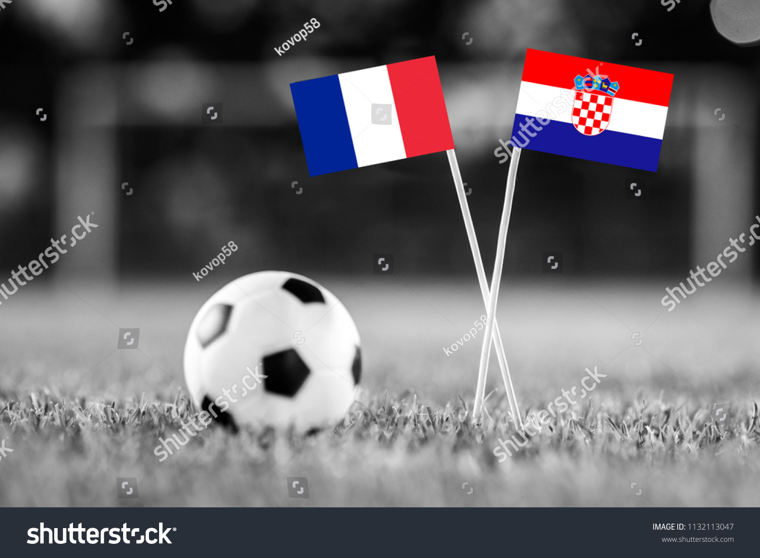 FRANCE and CROATIA national Flag on football green grass. France - Croatia, FINAL OF World Cup, Russia 2018
 #1132113047