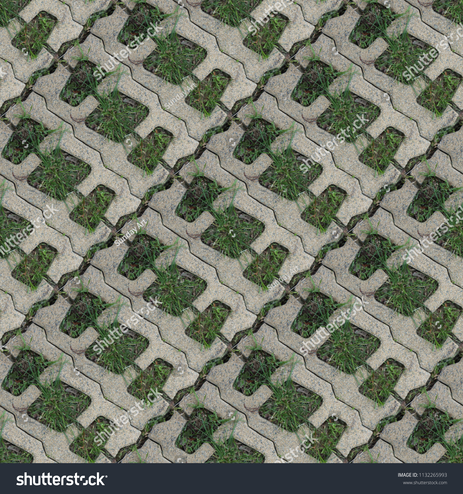 Seamless pattern with stone blocks of the original form on a park path covered and green grass #1132265993