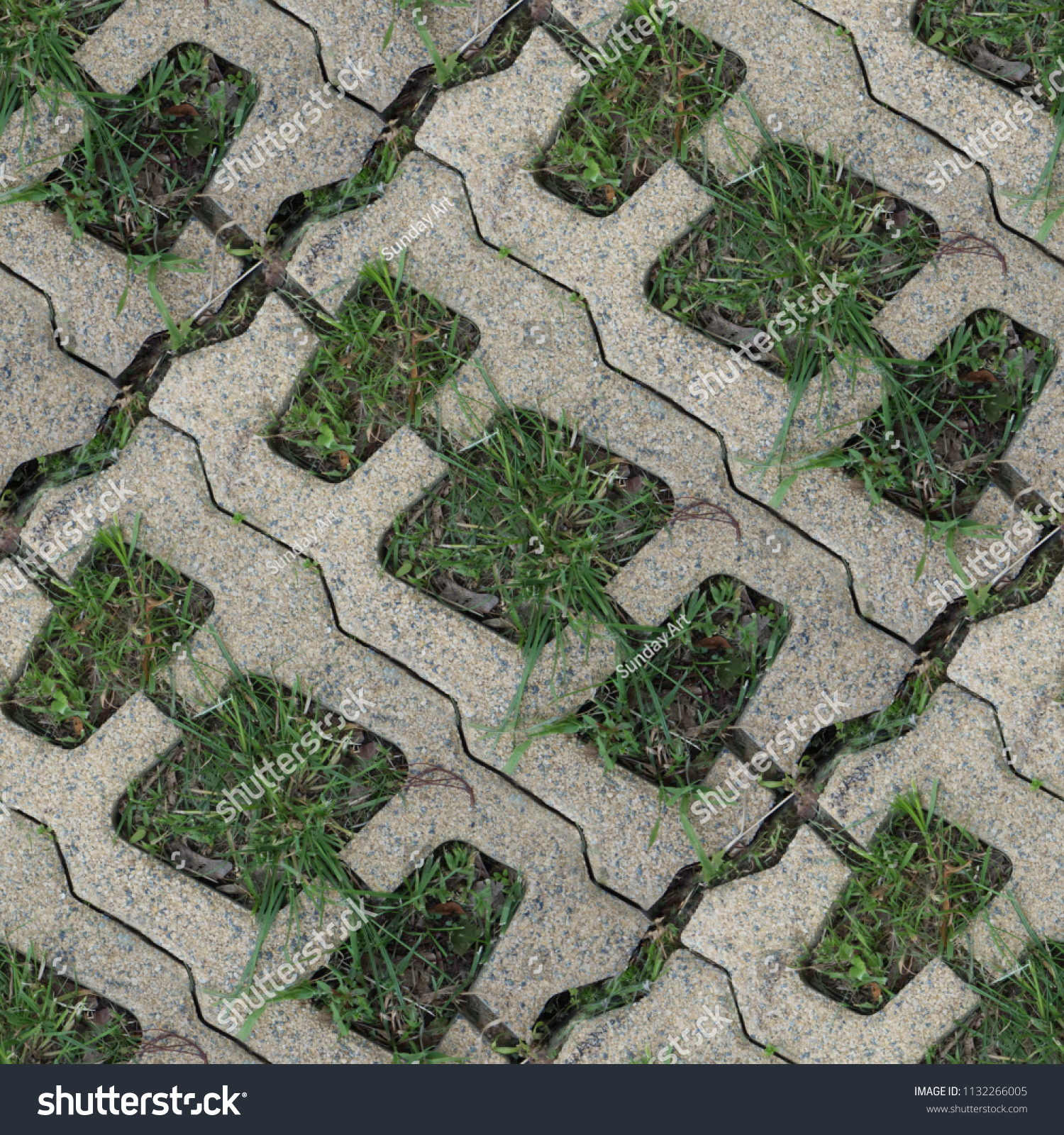 Seamless pattern with stone blocks of the original form on a park path covered and green grass #1132266005