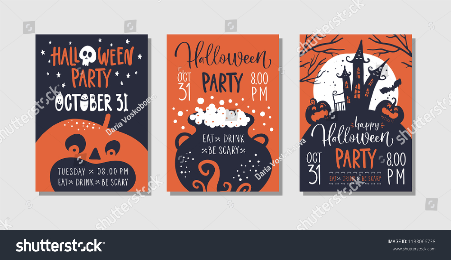 Vector set of Halloween party invitations or greeting cards with handwritten calligraphy and traditional symbols. #1133066738