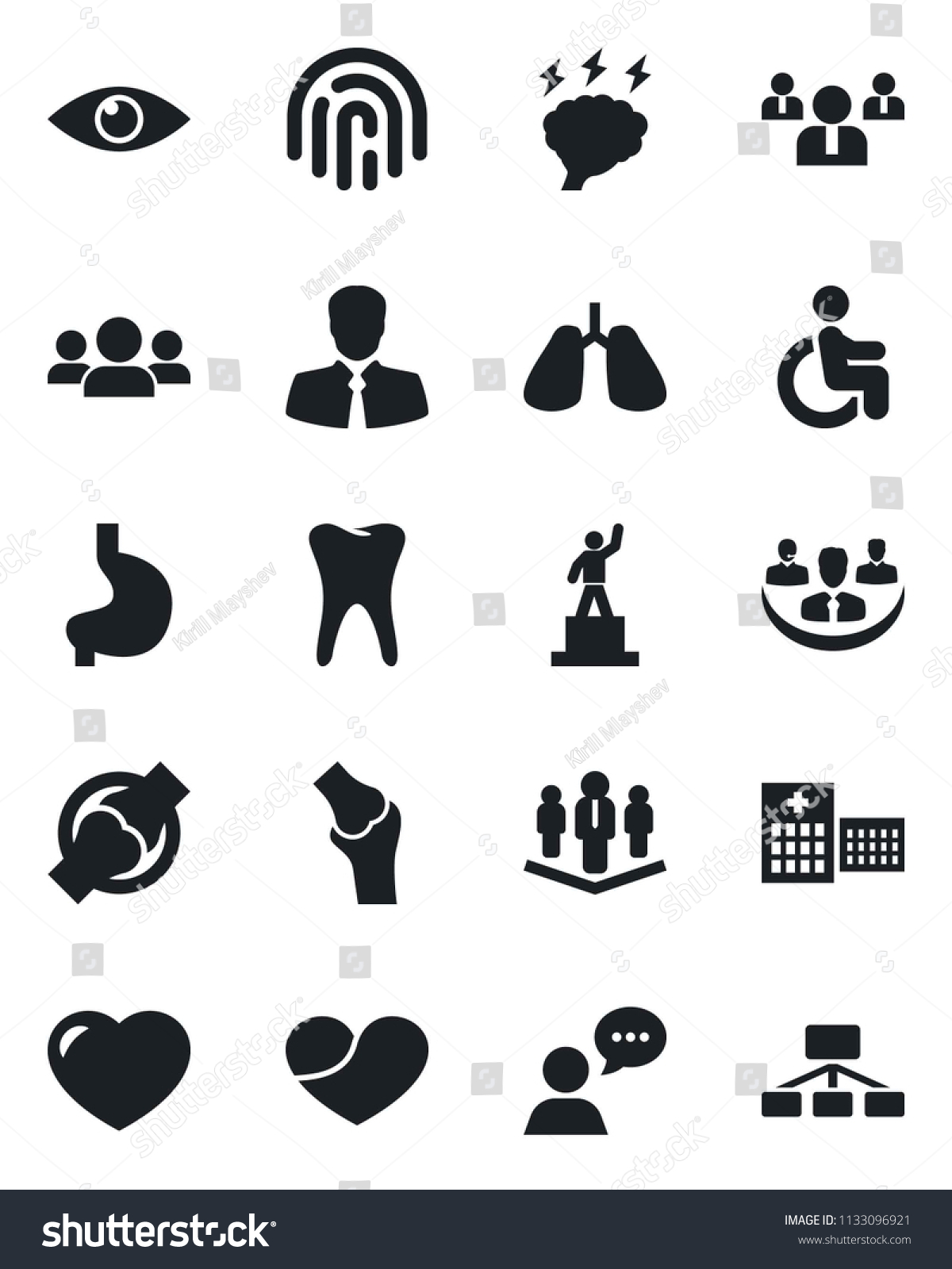 Set of vector isolated black icon - pedestal vector, team, brainstorm, disabled, stomach, lungs, tooth, eye, joint, hospital, client, speaker, heart, fingerprint id, company, group, hierarchy #1133096921
