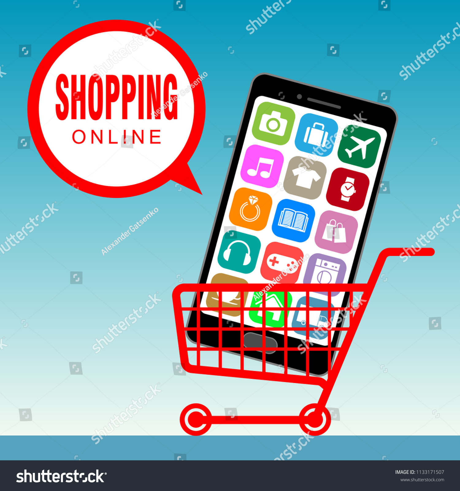 Shopping cart with smartphone inside, e-commerce concept  #1133171507