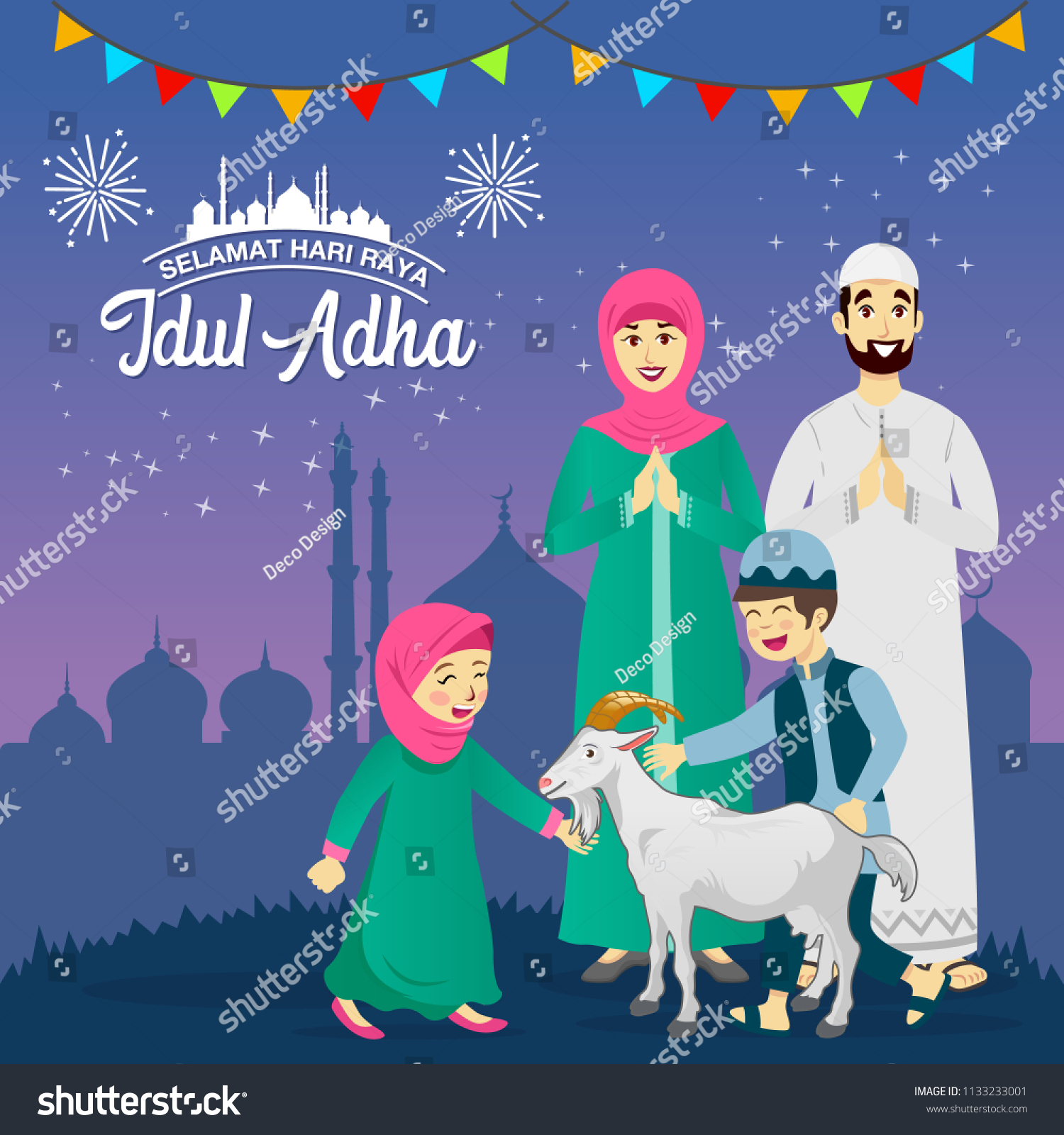 Eid Al Adha Greeting Card. Cartoon Muslim Family - Royalty Free Stock ...