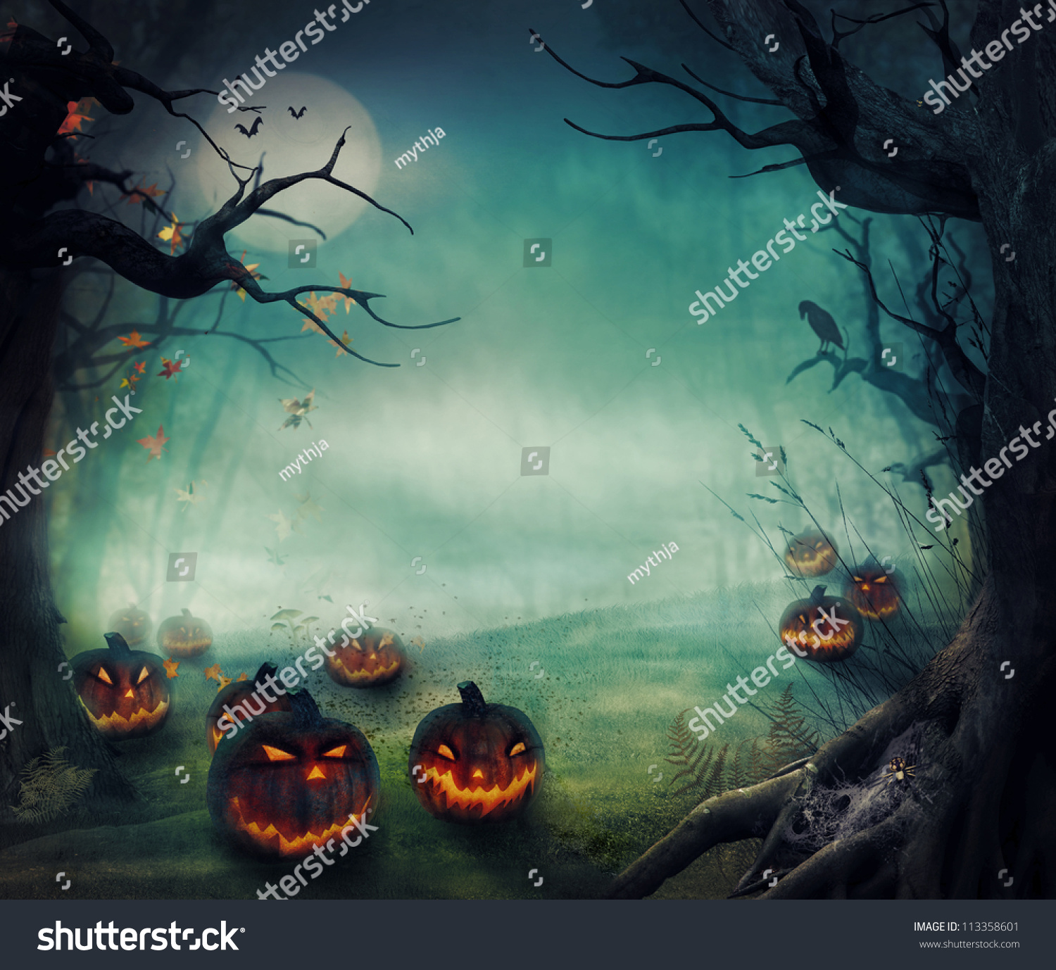 Halloween design - Forest pumpkins. Horror background with autumn valley with woods, spooky tree, pumpkins and spider web. Space for your Halloween holiday text. #113358601