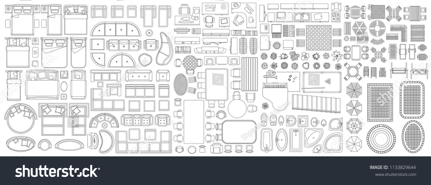 Set of linear icons. Interior top view. Isolated Vector Illustration. Furniture and elements for living room, bedroom, kitchen, bathroom. Floor plan (view from above). Furniture store. #1133829644
